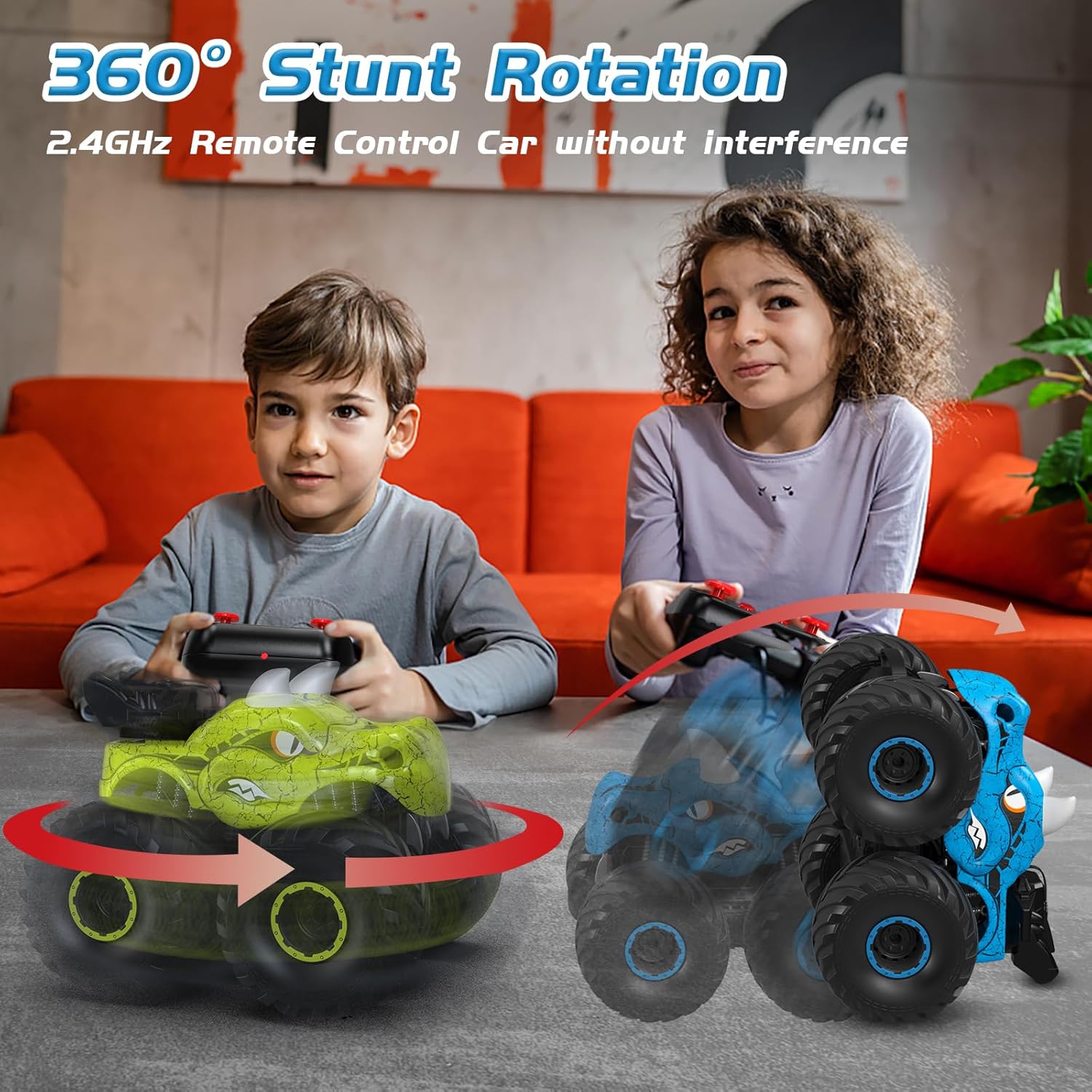 Scientoy Auto a control remoto, autos RC giratorios de 360 para niños de 4 a 7 años con aerosol, luz y sonido, camiones monstruos todo terreno de