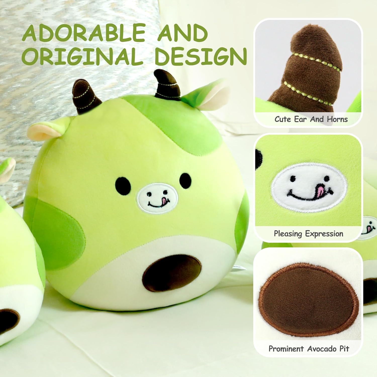 Almohada de peluche de vaca de aguacate, bonito animal de peluche suave, decoración para niños y niñas, color verde, 8 pulgadas