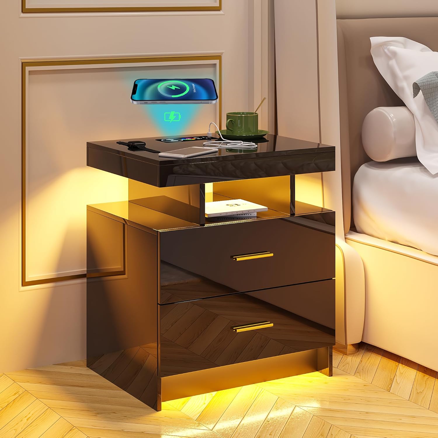 HNEBC Mesita de noche LED, RGB negro con estación de carga USBinalámbrica, moderna mesita de noche con sensor automático de luces RGB, mesa auxiliar