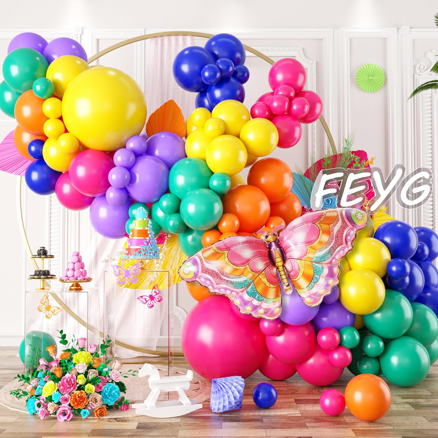 Kit de arco de globos de arcoíris, kit de arco de globos de mariposa, 112 globos rojos, azules, amarillos, morados, naranjas, con globo de aluminio
