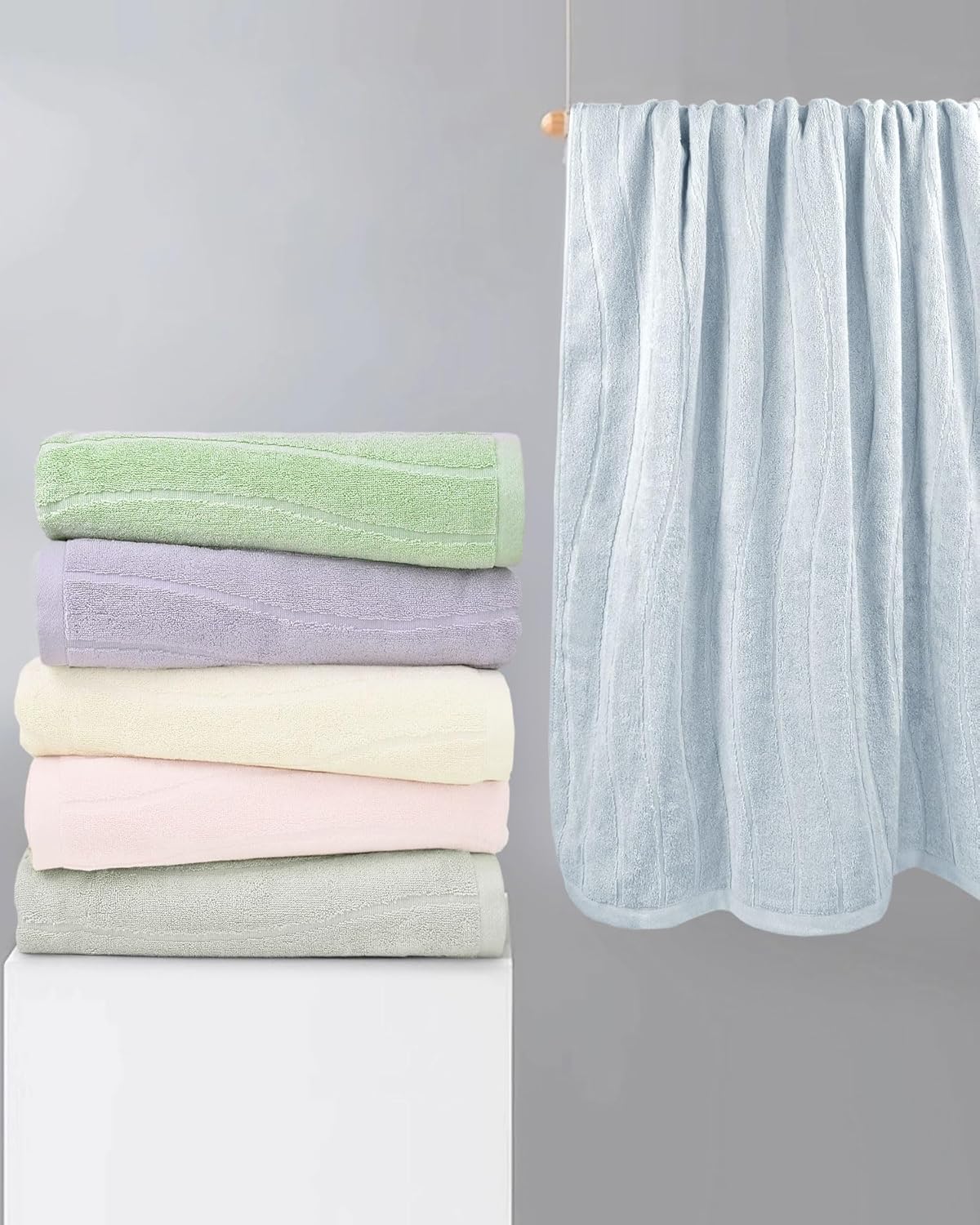Cleanbear Juego de 2 toallas de baño beige con rayas onduladas, juego de toallas de baño de algodón para baño, 100% algodón, 55 x 27 pulgadas, 400