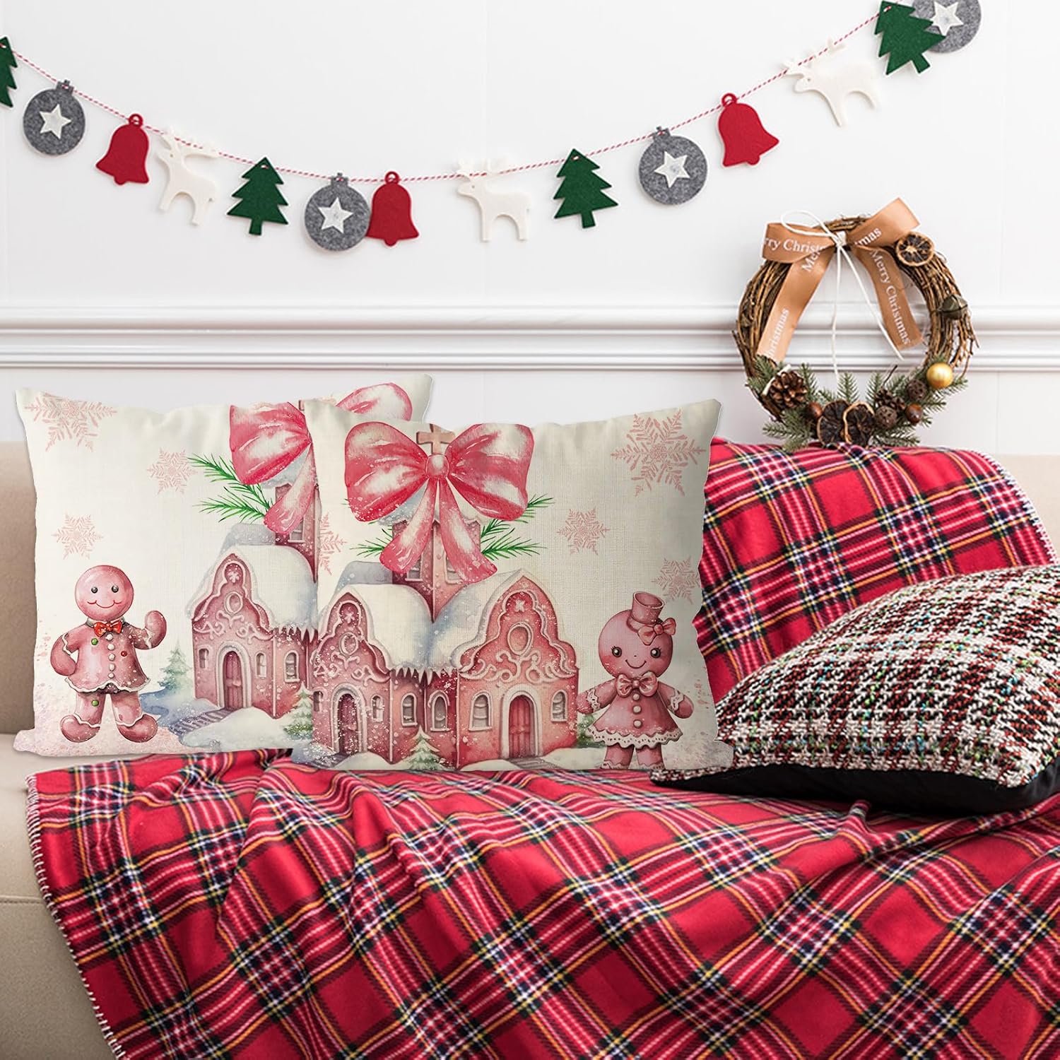 GAGEC Juego de 2 fundas de almohada de Navidad de 18 x 18 pulgadas, color rosa de jengibre, fundas de almohada de invierno para decoración del
