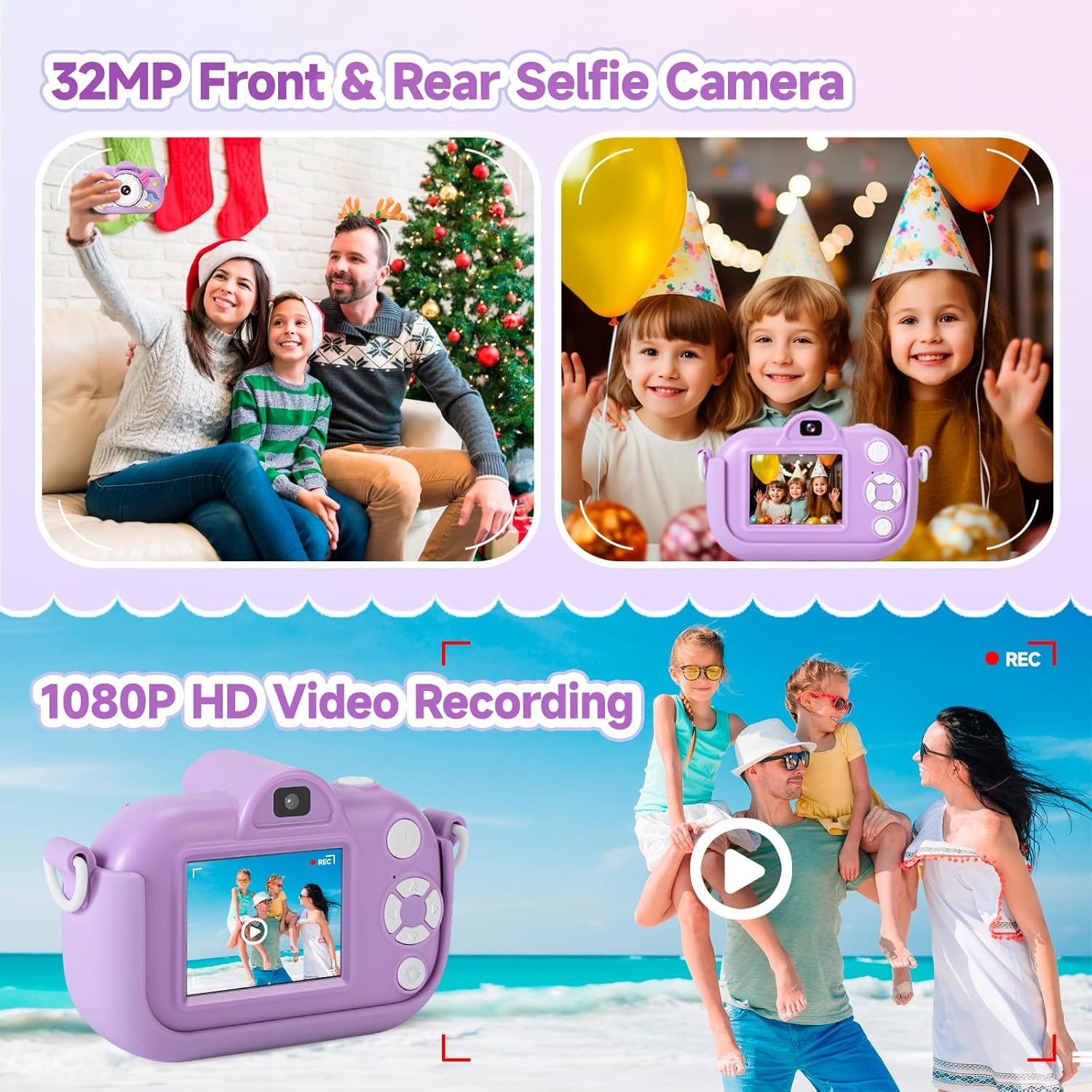 Cámara digital de doble lente de 32 MP para niños y niñas de 3, 4, 5, 6, 7, 8, 9 años, regalos de Navidad, cumpleaños, cámara de video selfie 1080P