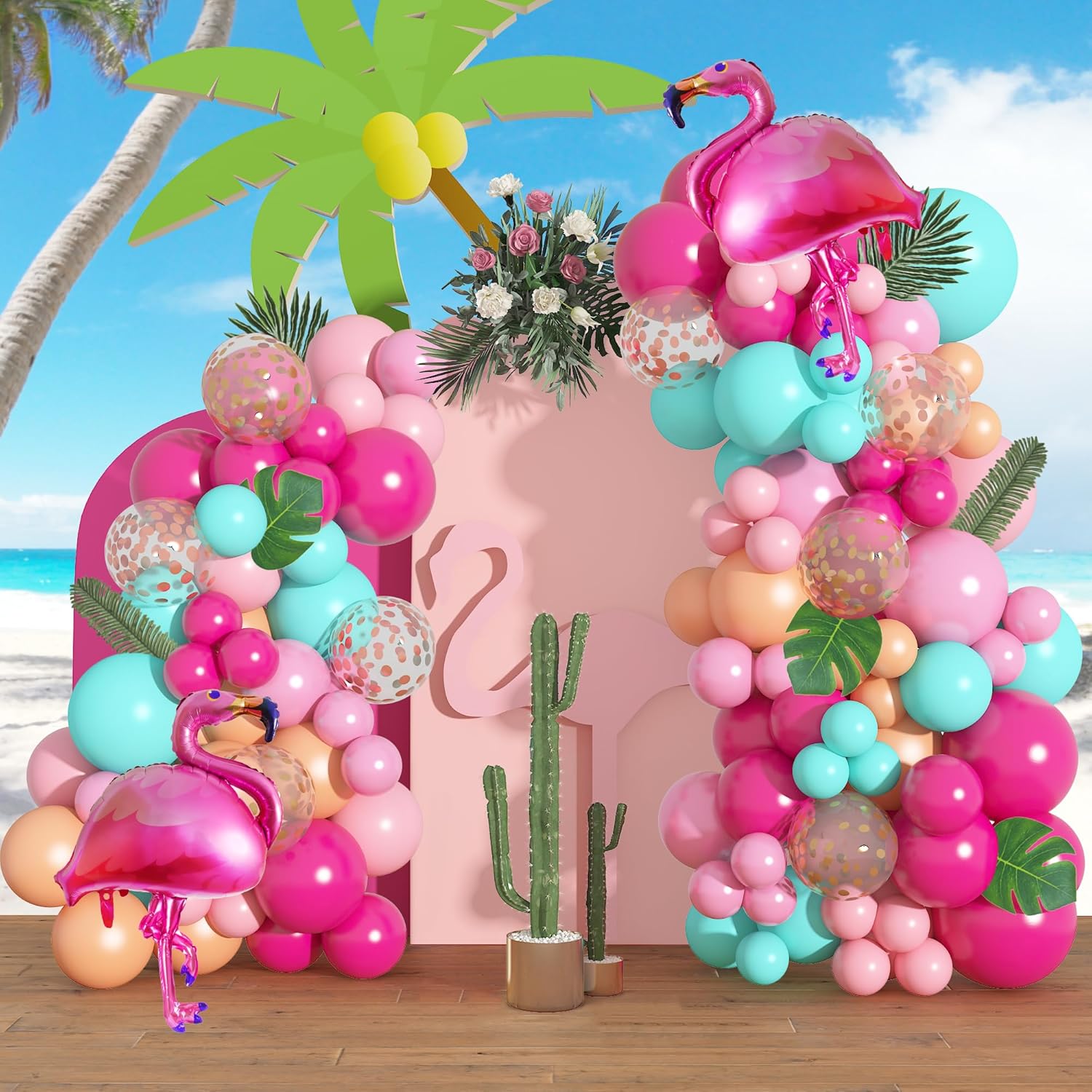 Kit de guirnalda de arco de globos de flamenco tropical de 40 pulgadas, globos de flamenco, globos de confeti rosa intenso, hojas de palma tropical,