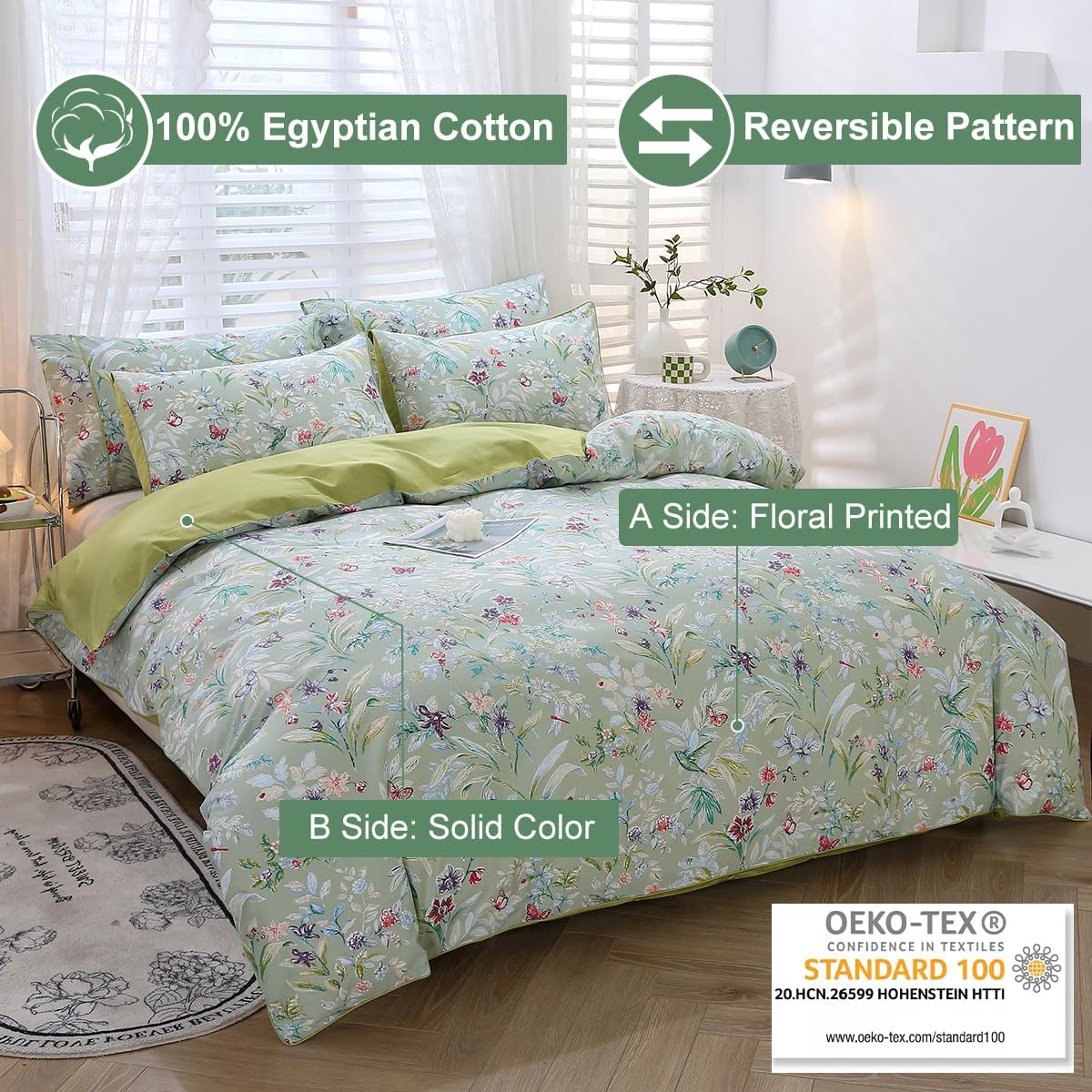 URBONUR Juego de funda de edredón floral verde, tamaño matrimonial, 100% algodón egipcio satinado, juego de ropa de cama con estampado de mariposas