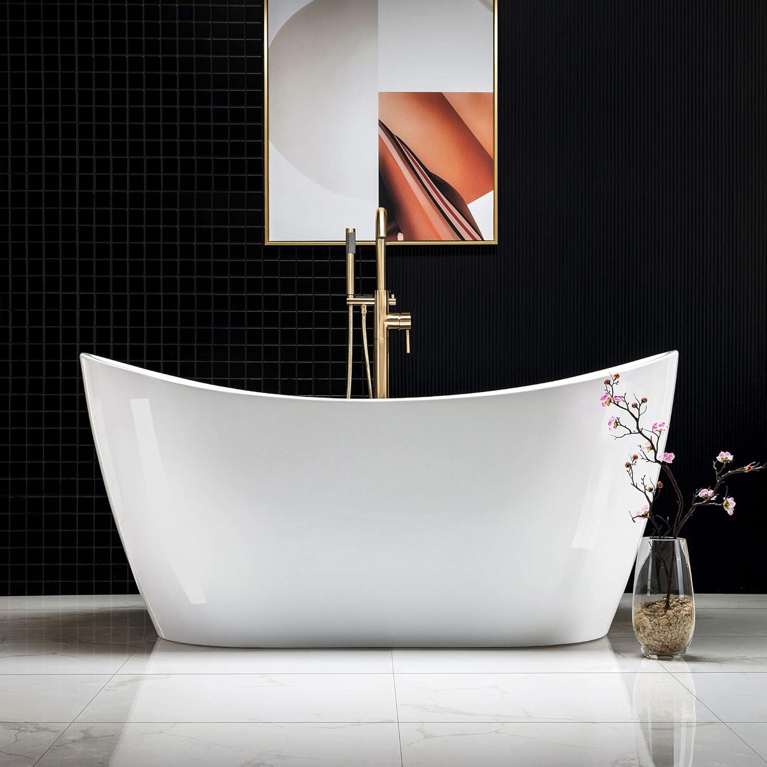 WOODBRIDGE BTA1516-BG-Drain-&O – Bañera de acrílico independiente de 59 pulgadas con desbordamiento y drenaje de oro cepillado, BTA1516-BG-Drain-&O