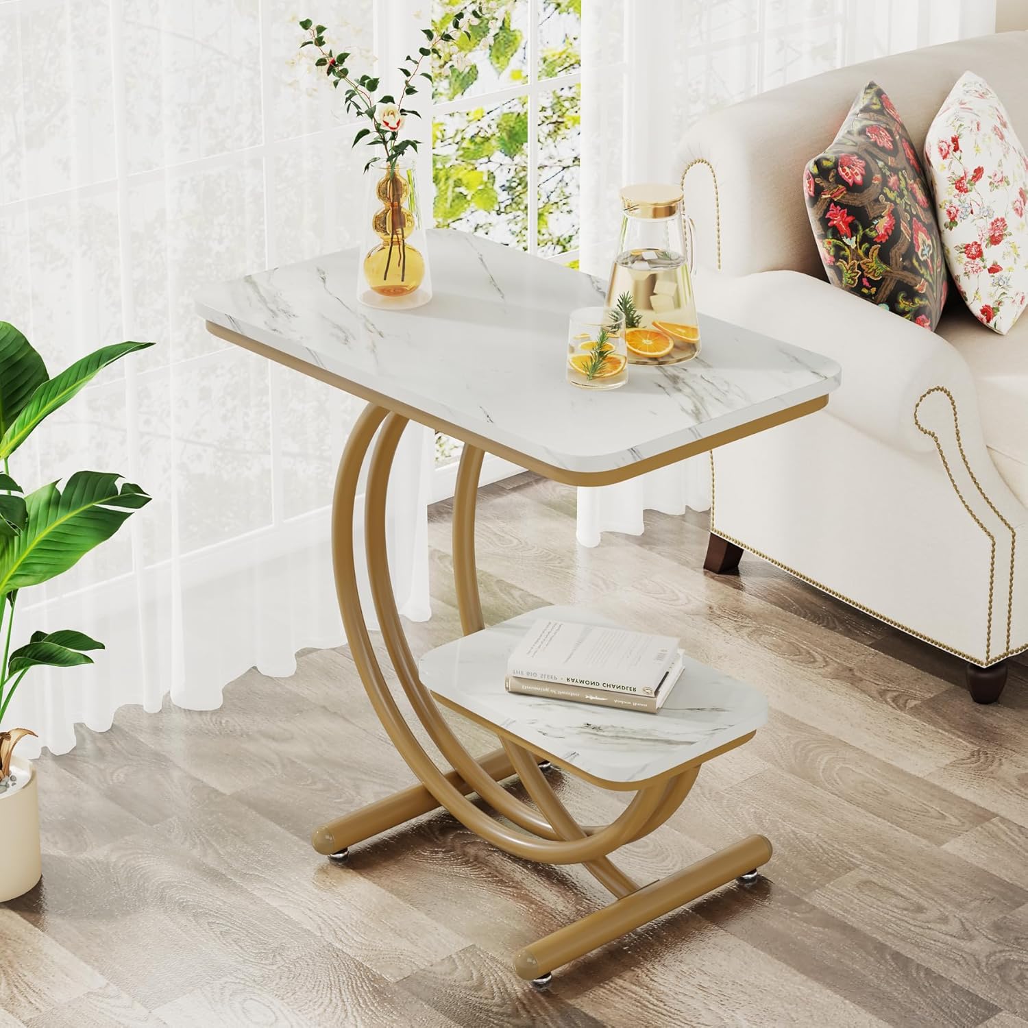 Mesa auxiliar moderna de 2 niveles con mesa de mármol sintético para sala de estar, mesita de noche en forma de C blanca y dorada para dormitorio,