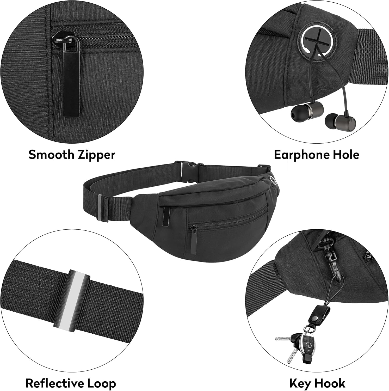 Riñonera grande con 4 bolsillos con cremallera, para mujer y hombre, con correa ajustable para viajes, correr, senderismo, 4-Cremallera Negro, Large