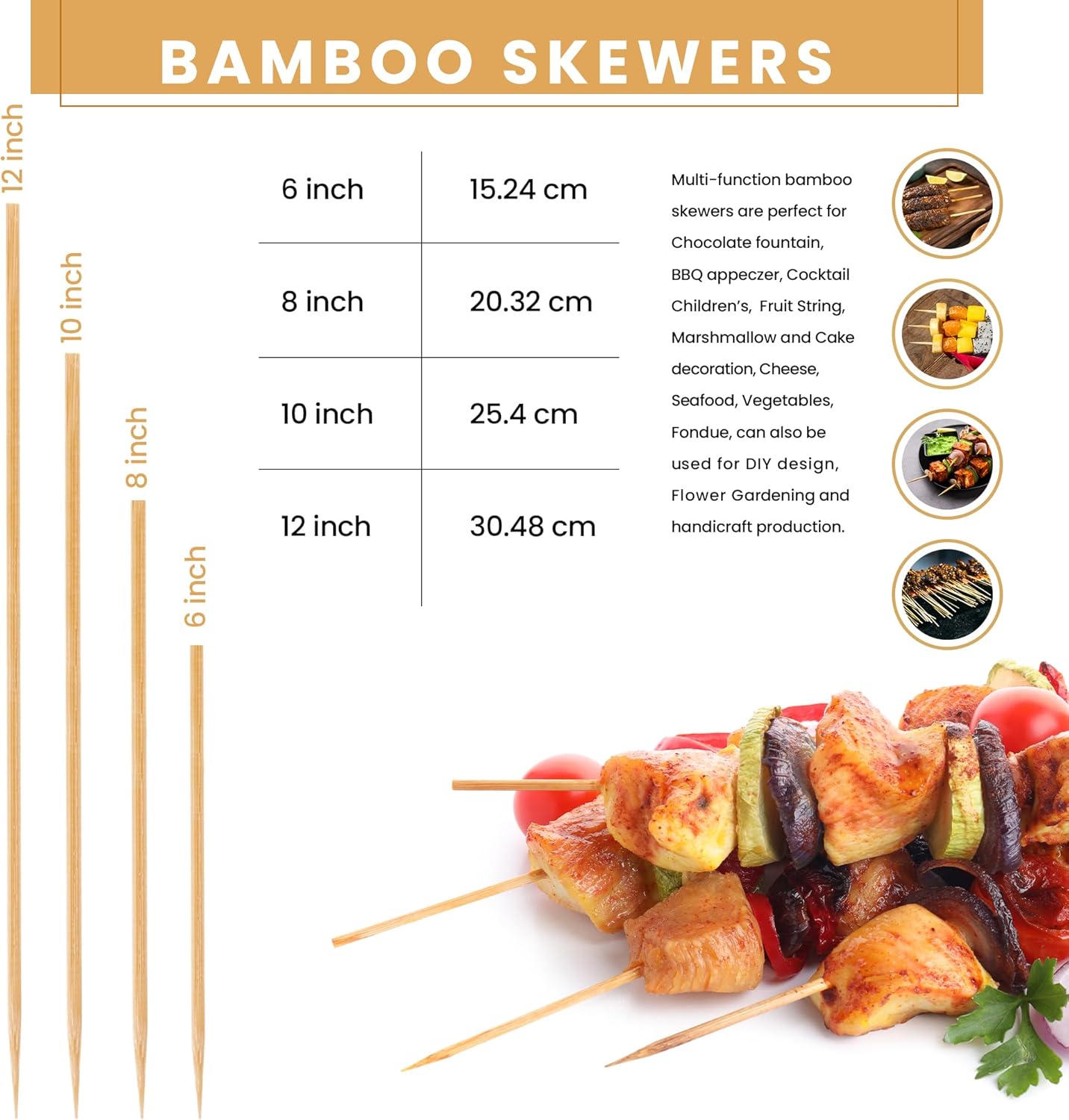 DecorRack Brochetas de bambú natural de 6″8″10″12″, brochetas de madera para barbacoa, parrilla, aperitivos, frutas, smores, cóctel, brunch, palitos