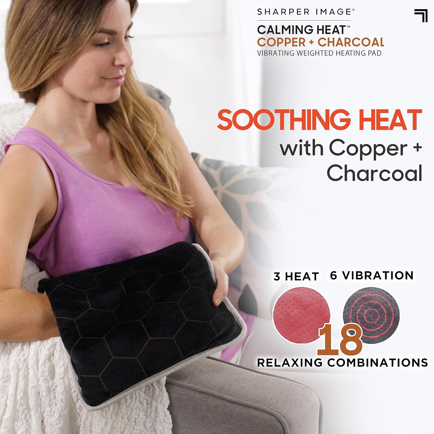 Sharper Image – Almohadilla térmica vibrante de cobre + carbón calmante de Sharper Image, almohadilla térmica eléctrica con peso, 9 ajustes, 3
