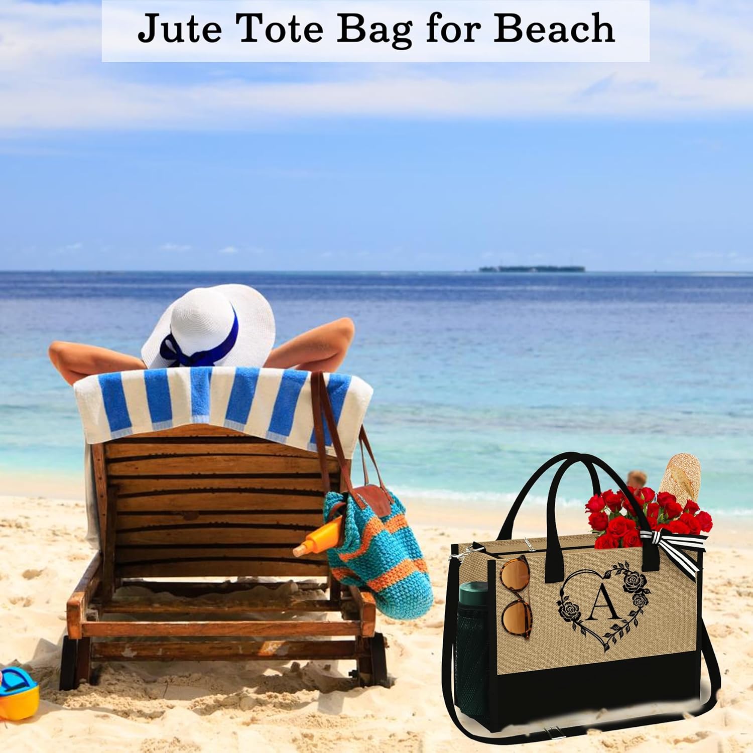 Bolsa de yute para la playa con cremallera, artículos esenciales de viaje para mujeres, amigas, mujeres, cumpleaños, damas de honor, regalos