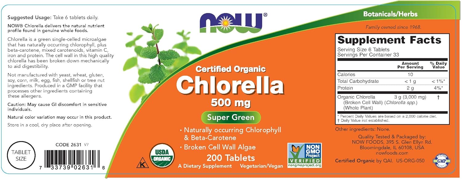 NOW Foods – Chlorella Green Superfood Certificado Orgánico 500 mg. – 200 Tabletas paquete de 2.