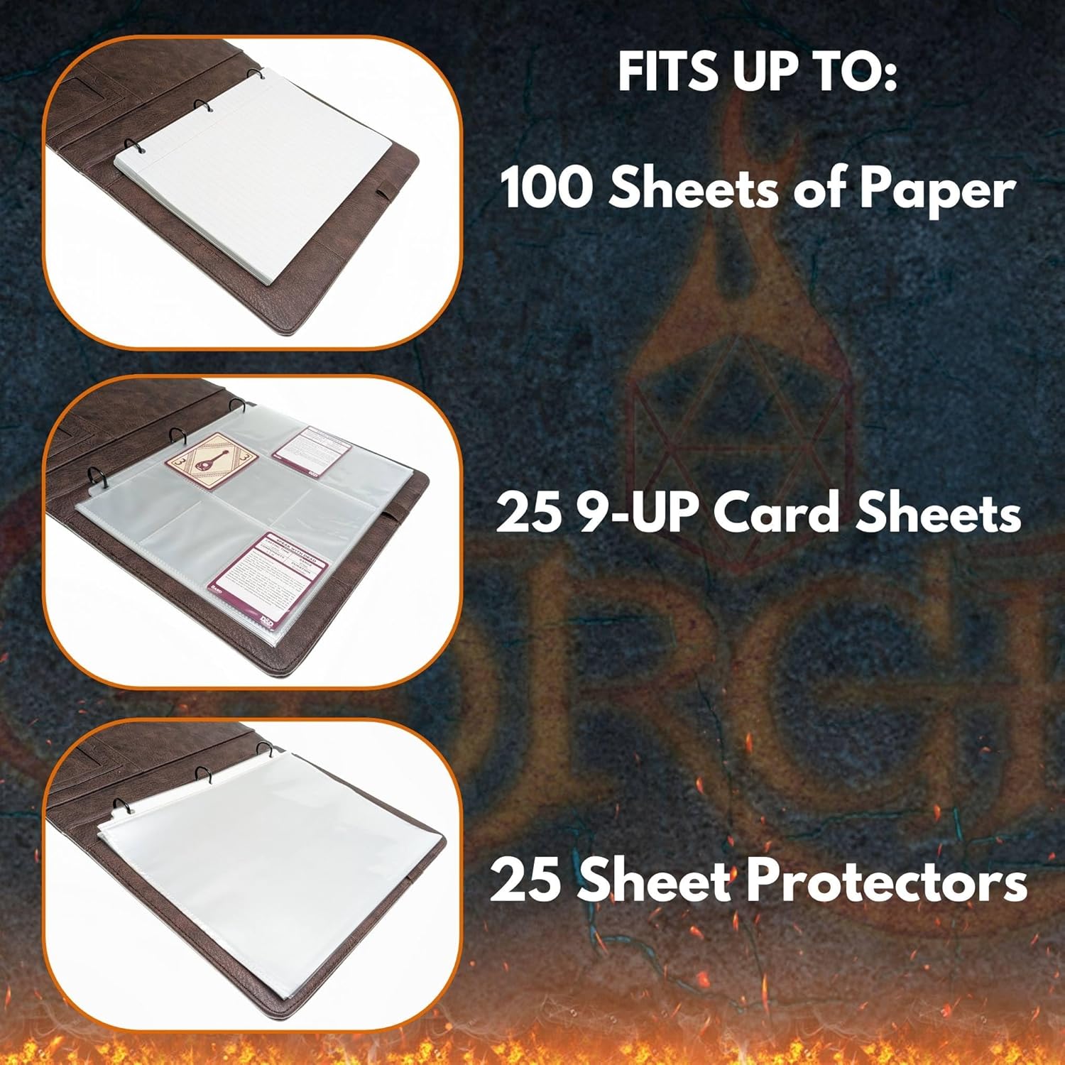 Forged Dice Co. Game-Folio – Carpeta de piel sintética, carpeta de juegos para hojas de personajes DND con organizador de tarjetas hechizas DND y