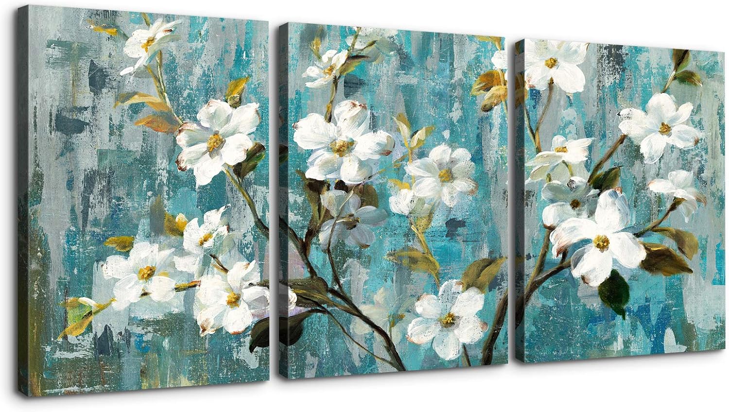 Denozer Arte de pared de flores para baño, decoración de pared de flores blancas con fondo abstracto, lienzo, ilustraciones modernas, lienzo,