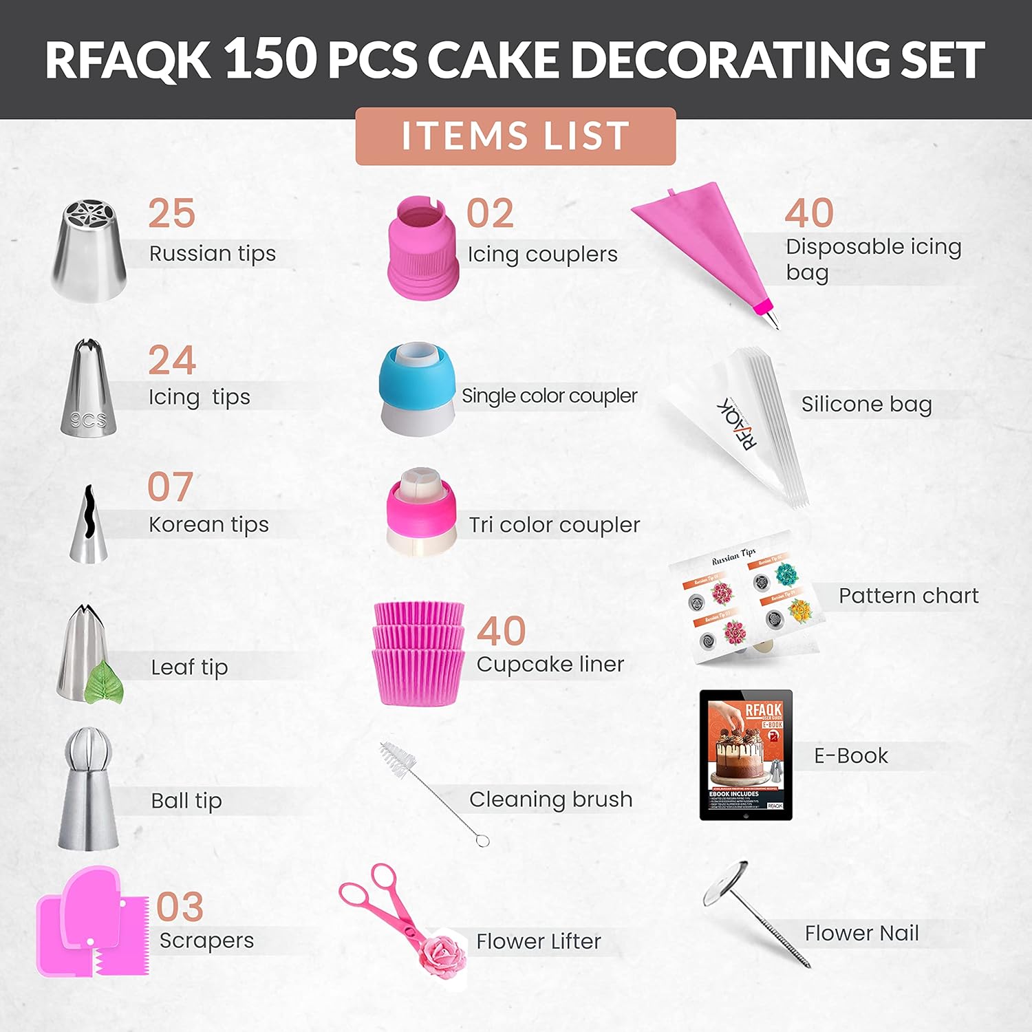 RFAQK Juego completo de 150 puntas de tubería rusas  Kit de suministros de decoración de galletas, cupcakes  Juego de puntas de pastelería (24