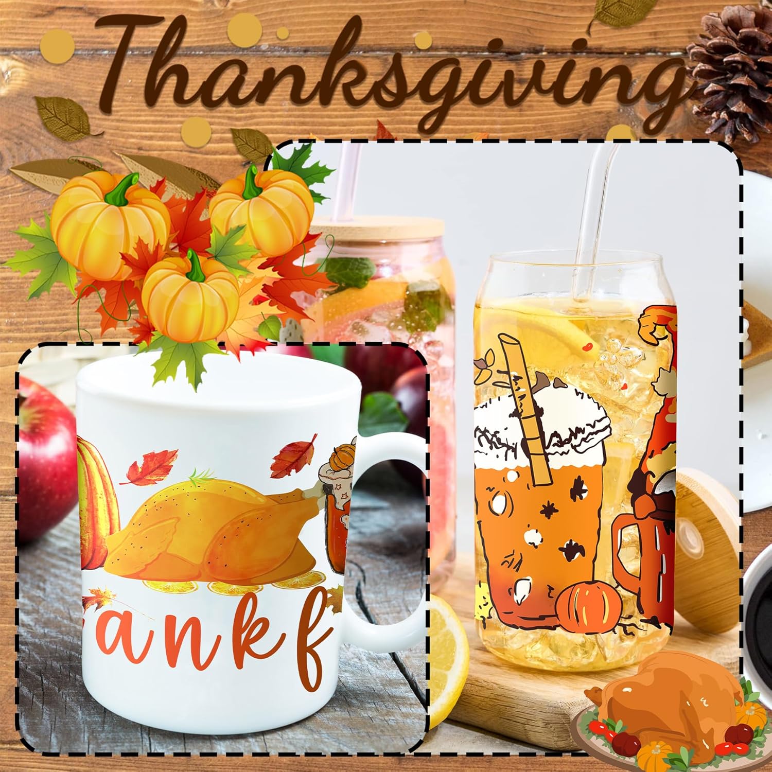 ChatToB Envoltura de taza UV DTF, 20 hojas con tema de calabaza para transferencia de Acción de Gracias para manualidades, transferencia UV DTF,