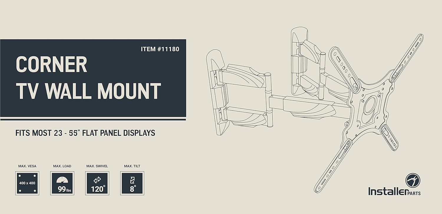 InstallerParts Soporte de pared de esquina para la mayoría de televisores de pantalla plana LED LCD OLED de plasma de 23 a 55 pulgadas con brazo