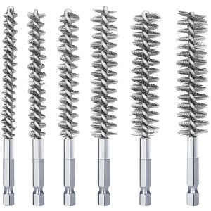 6 cepillos de acero inoxidable en diferentes tamaños, cepillo de limpieza de alambre trenzado con mango vástago hexagonal de 14 pulgadas para 6 cepillos de acero inoxidable en diferentes tamaños, cepillo de limpieza de alambre trenzado con mango vástago hexagonal de 14 pulgadas para