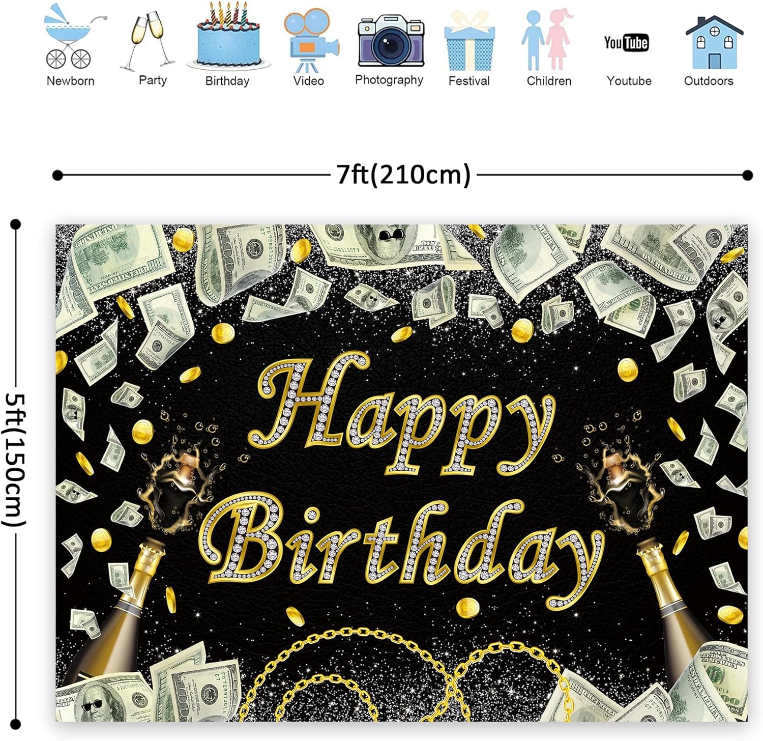 Riyidecor Telón de fondo de cumpleaños con tema de dólar de oro negro, casino, diamante, champán, 7 pulgadas de ancho x 5 de alto, tela de