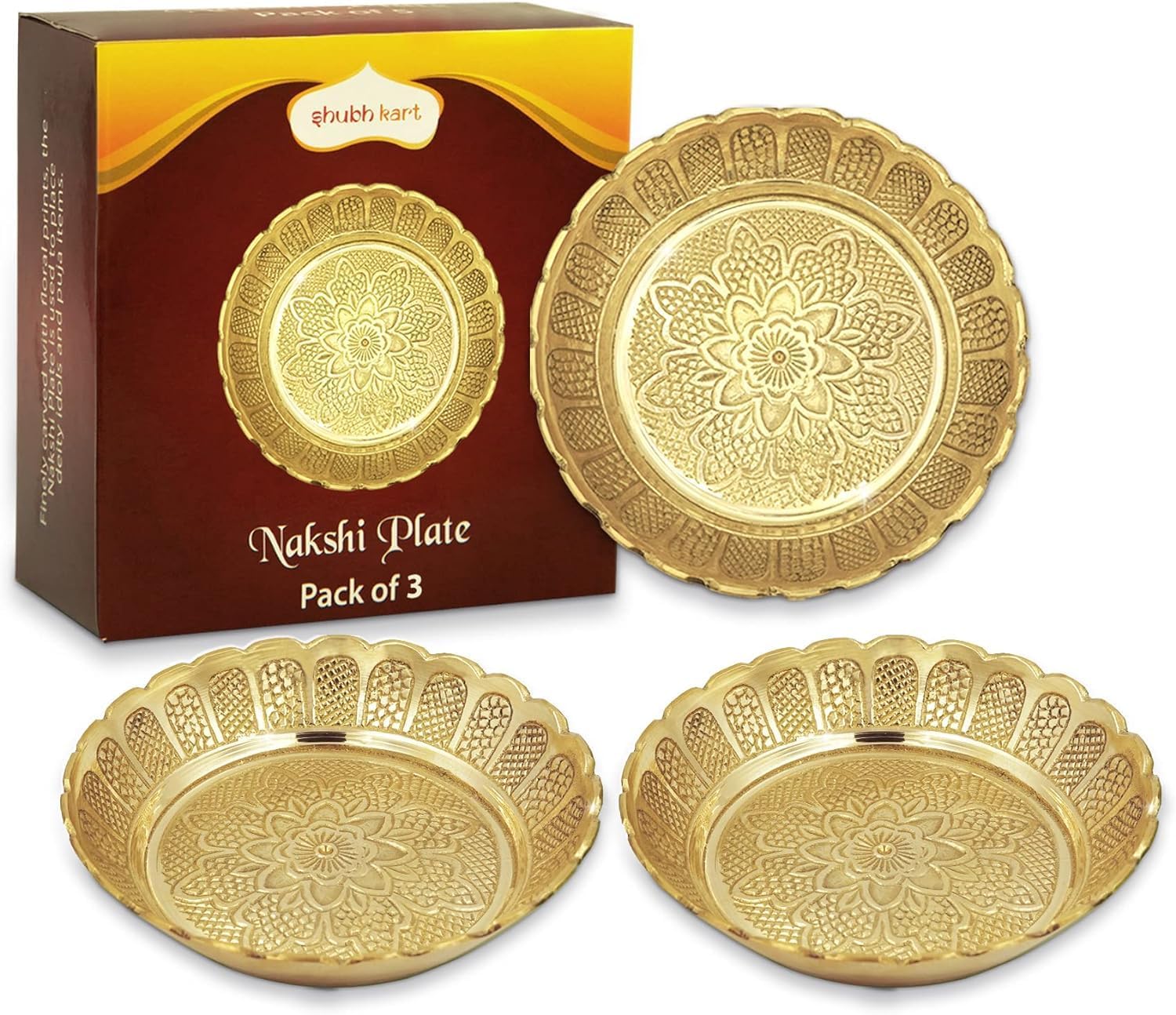 Shubhkart Nakshi – Plato para Pooja, decoración y regalo (pequeño 2.8 in, 3 unidades, latón macizo)