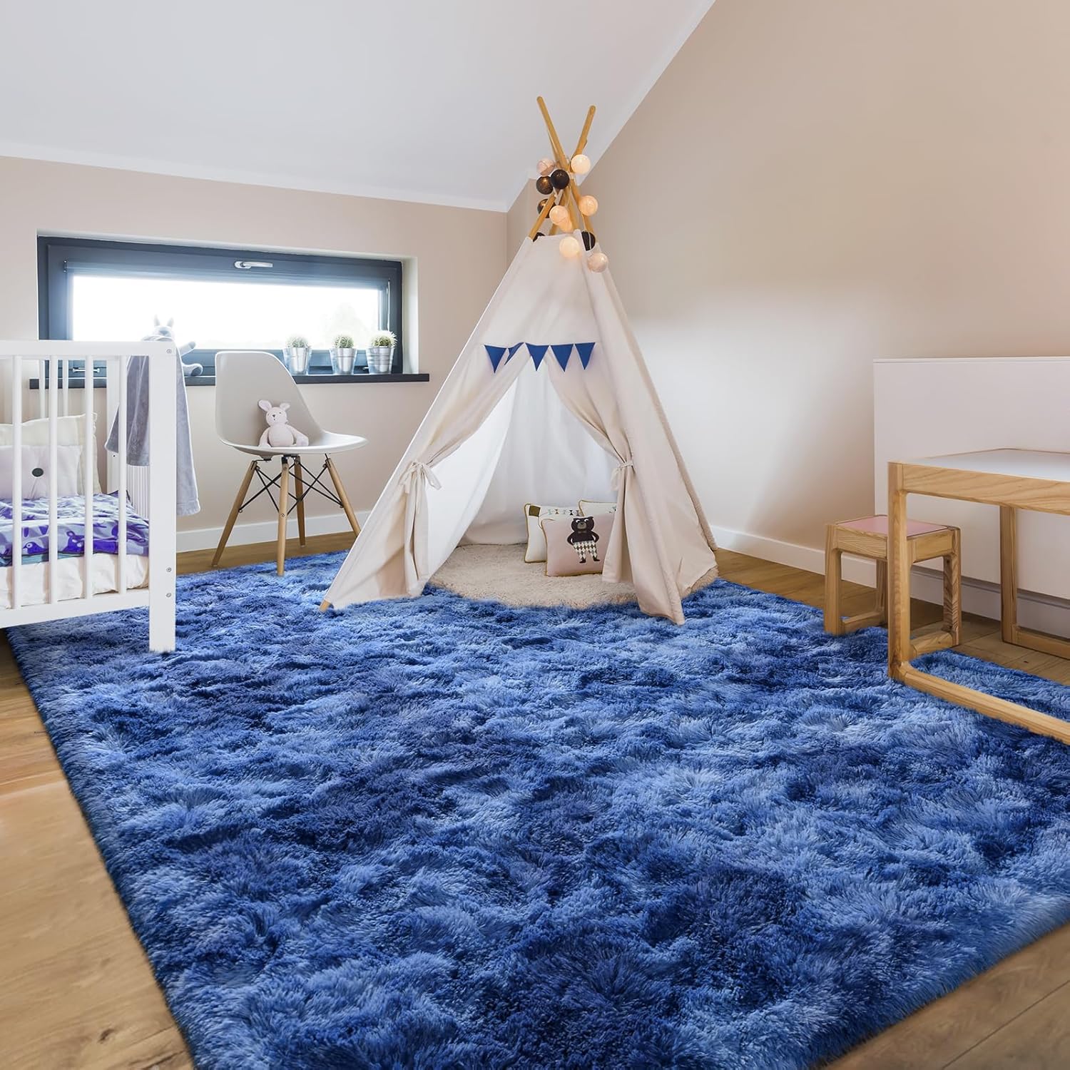 Alfombras de área grandes de 5 x 8 pies para sala de estar, alfombra moderna súper suave y esponjosa, alfombra de interior teñida azul marino para