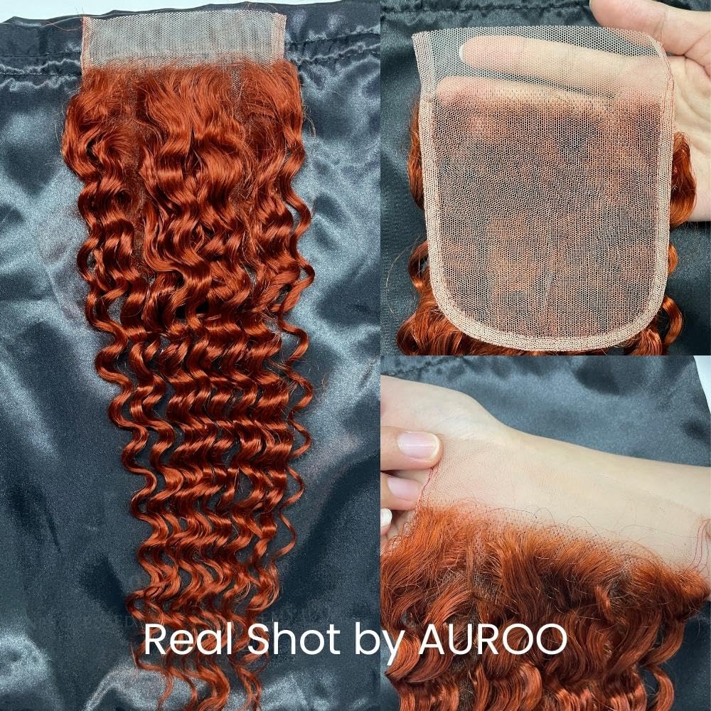 Ginger Deep Wave Closure 14 pulgadas, cobre naranja quemado 350 4×4 cierre de encaje transparente cabello humano prearrancado con cabello de bebé