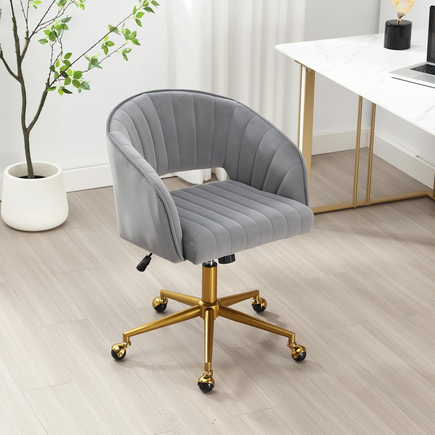 Homedraft Silla de escritorio giratoria para oficina en casa, moderna silla de escritorio de terciopelo, sillón de altura ajustable con base dorada,