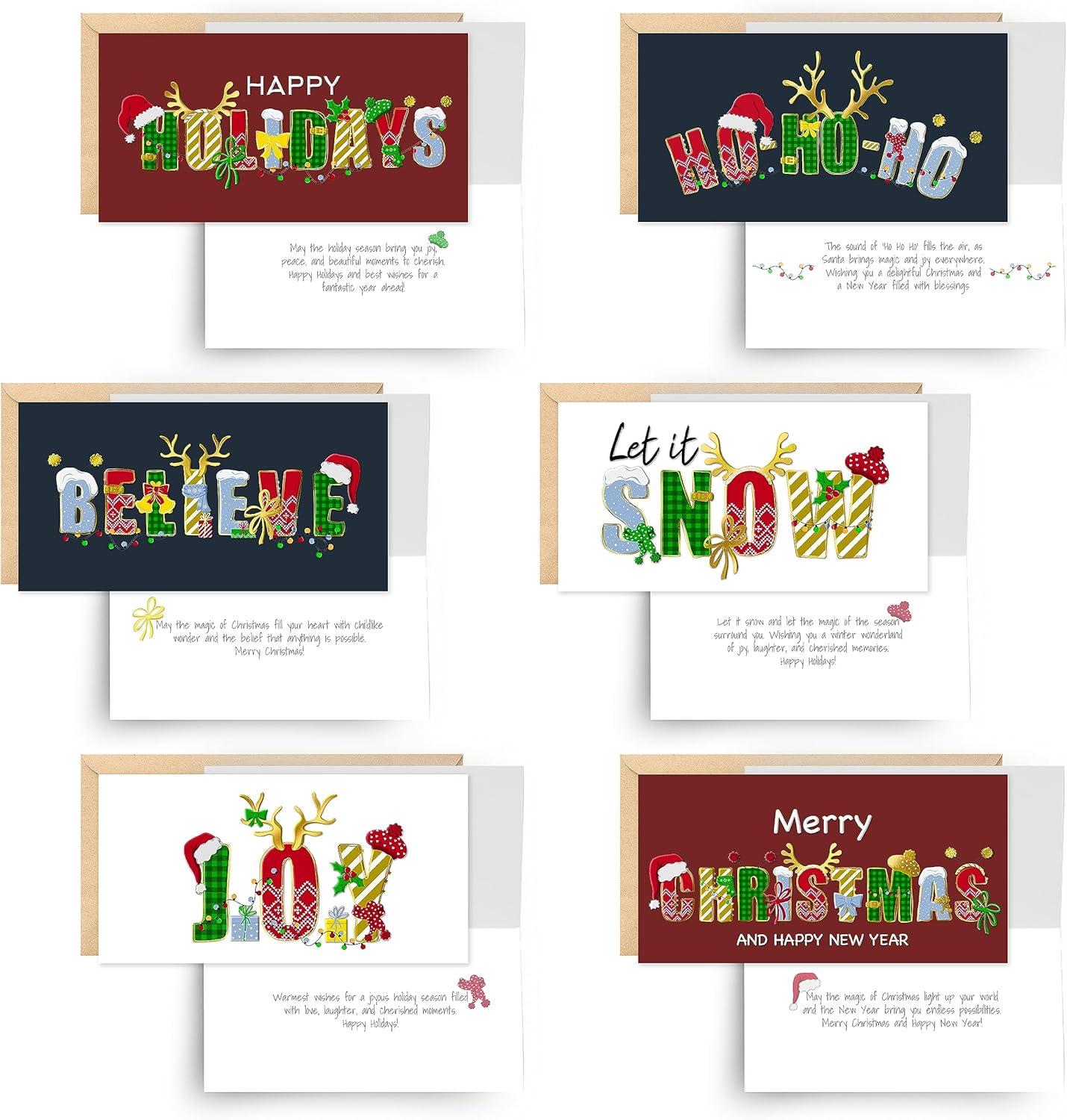 easykart labels Surtido de 18 tarjetas de Navidad con sobres y calcomanías de sellado, 6 diseños temáticos navideños con efecto de lámina y relieve,