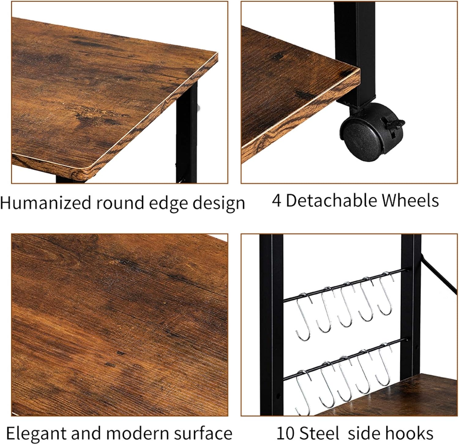 NALLBEIRRAA Estante de cocina para panadería, carrito para microondas, carrito de cocina con ruedas de 3 niveles, carrito de café con estante de