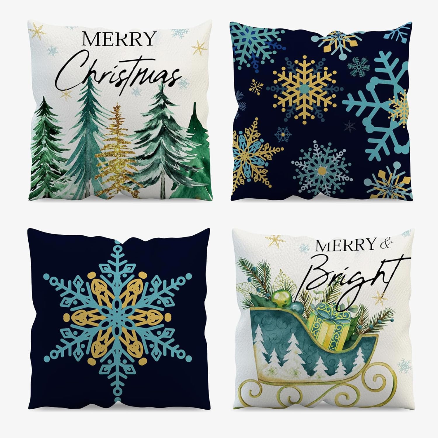 APROPHIC Juego de 4 fundas de almohada de árbol de Navidad de 18 x 18 pulgadas, decoración del hogar, Navidad, eucalipto, camión, copos de nieve