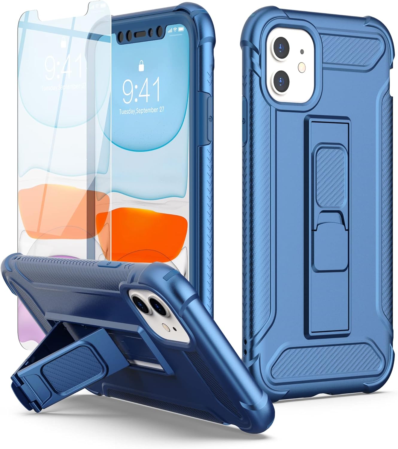 ORETech Funda diseñada para iPhone 11, con 2 protectores de pantalla de vidrio templado Soporte integrado cuerpo completo a prueba de golpes de