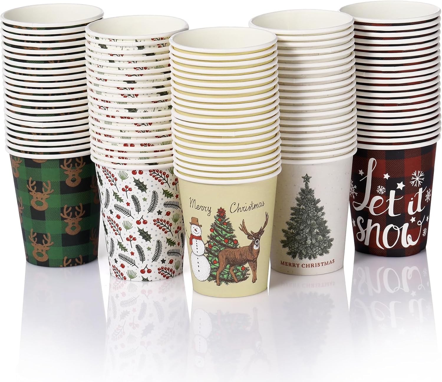 Zhehao 100 vasos de papel de Navidad desechables de 9 onzas, tazas de café de Navidad, tazas de chocolate de chocolate de Navidad, copos de nieve,