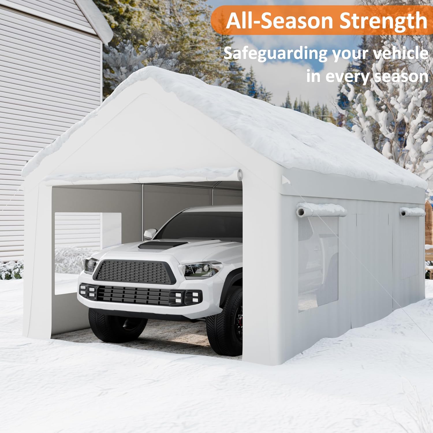 Carport – Toldo resistente de 12 x 20 pies con base mejorada y puerta de apertura lateral, garaje portátil para camioneta, barcos, automóvil y