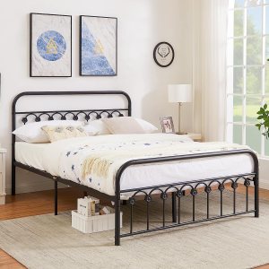 VECELO Base de cama clásica de metal con cabecera y estribo de estilo victoriano, no necesita somier, tamaño Queen VECELO Base de cama clásica de metal con cabecera y estribo de estilo victoriano, no necesita somier, tamaño Queen