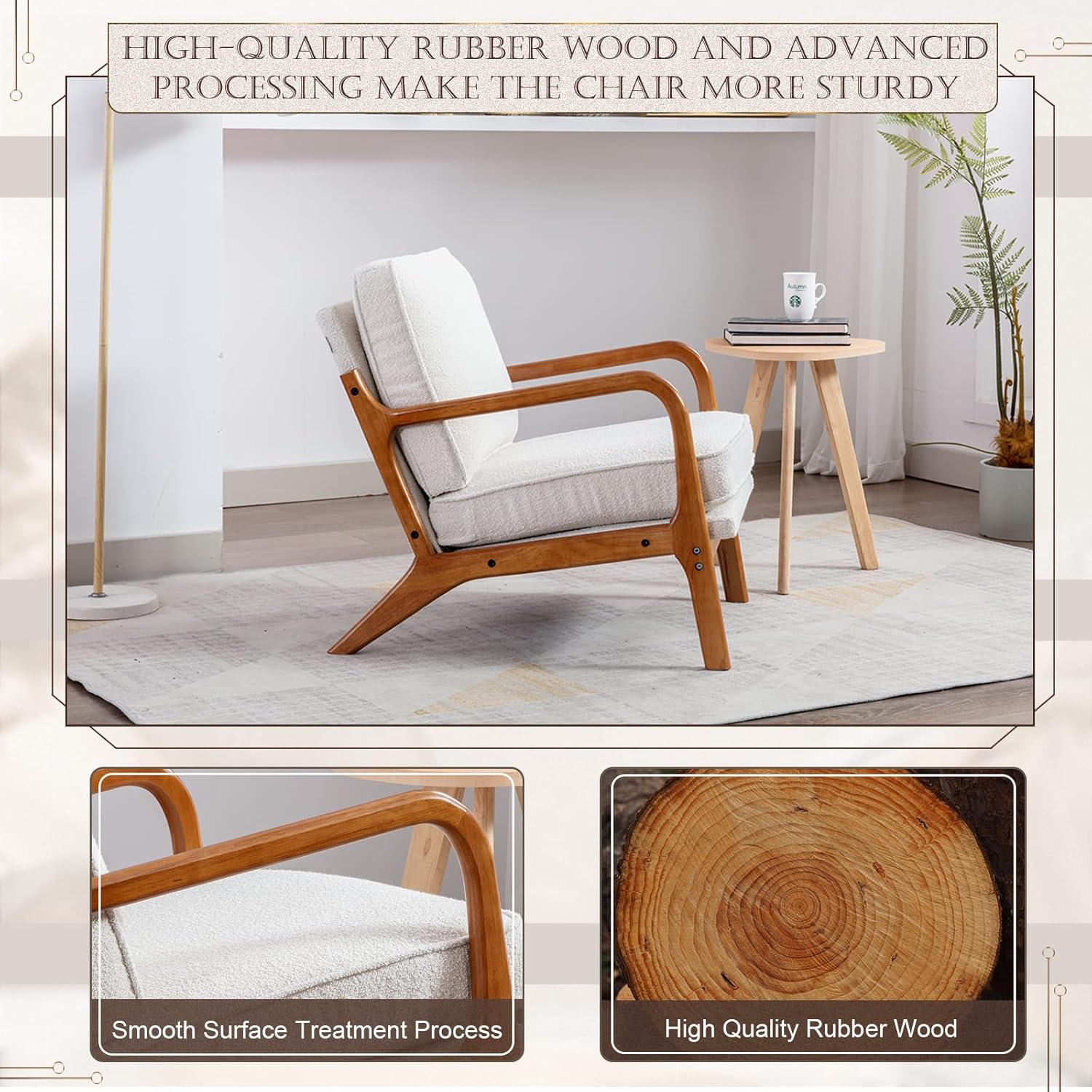 KINFFICT Silla decorativa tapizada de mediados de siglo, cómoda silla de descanso con cojín grueso, moderna silla de madera con brazos, silla de