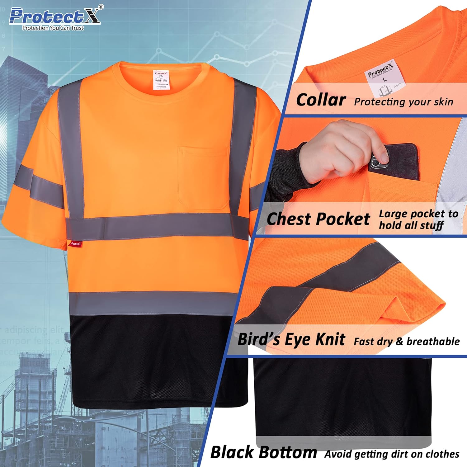 ProtectX Camiseta de seguridad reflectante de manga corta de alta visibilidad, camisas de alta visibilidad transpirables resistentes para hombre,