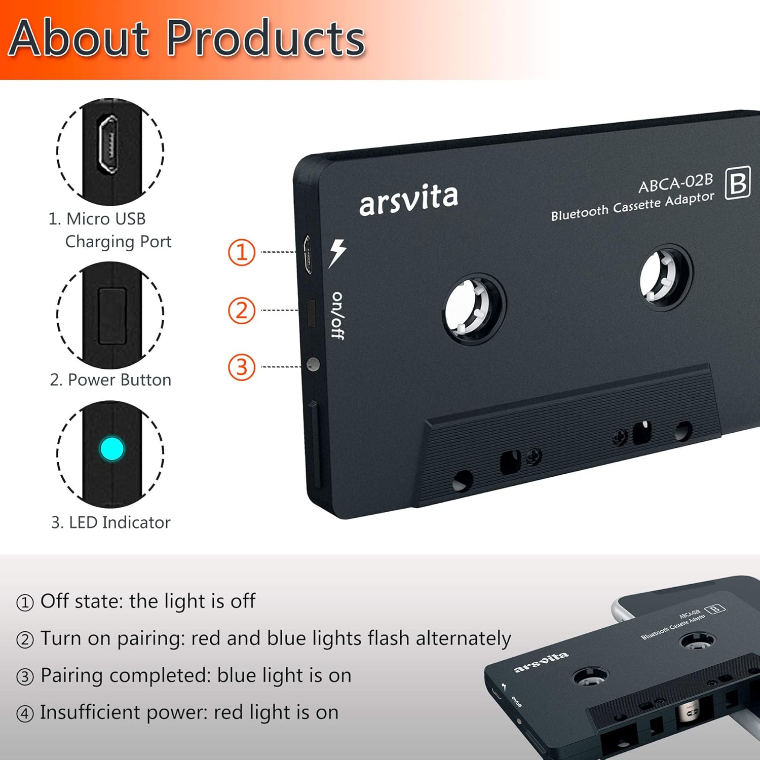 Arsvita Adaptador de casete Bluetooth de audio para coche, reproductor de cinta Bluetooth 5.0 adaptador auxiliar de casete, blanco