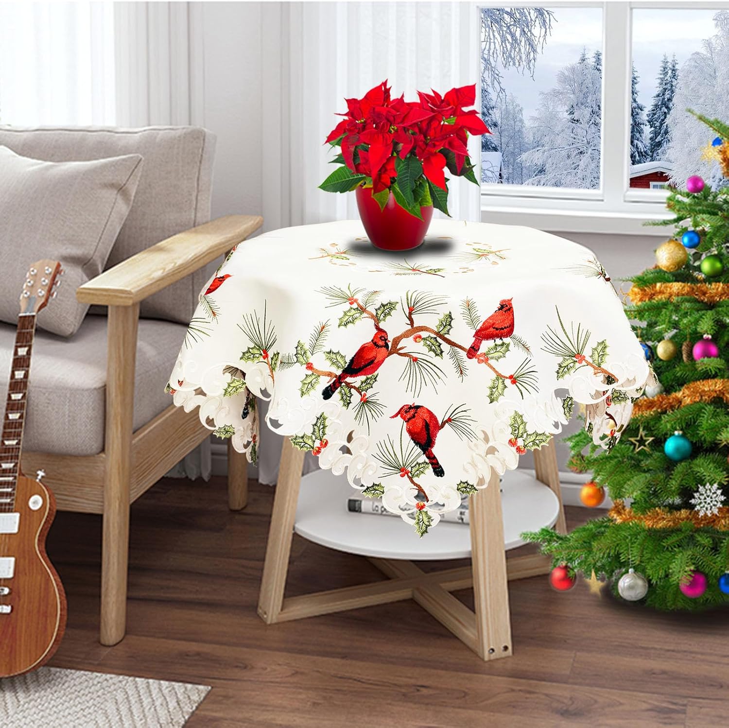 Simhomsen Manteles cardenales cuadrados bordados para decoraciones navideñas (34 x 34 pulgadas)