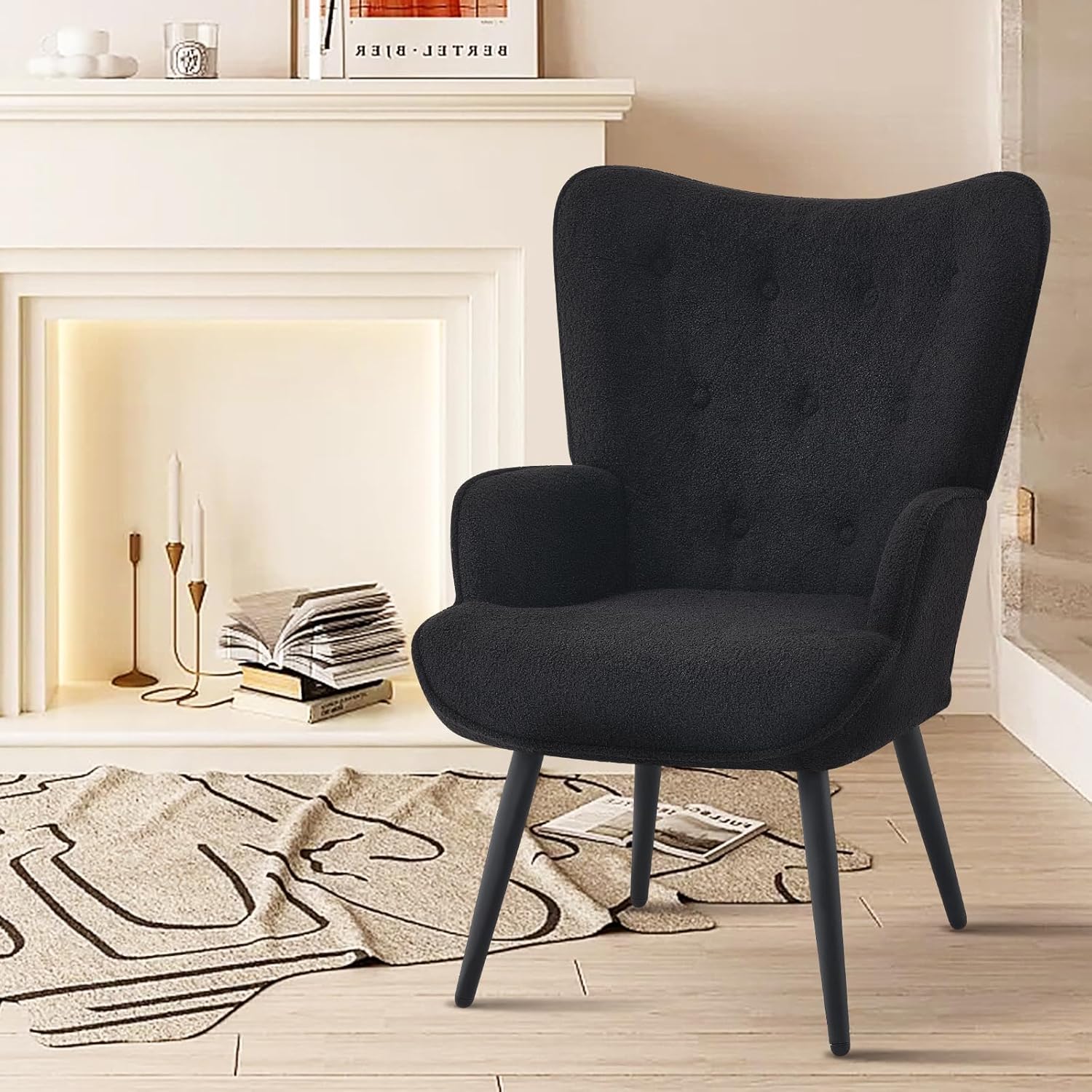 Furnimart Silla decorativa de piel sintética negra con respaldo de ala, silla moderna para sala de estar, cómoda silla de invitados para oficina,