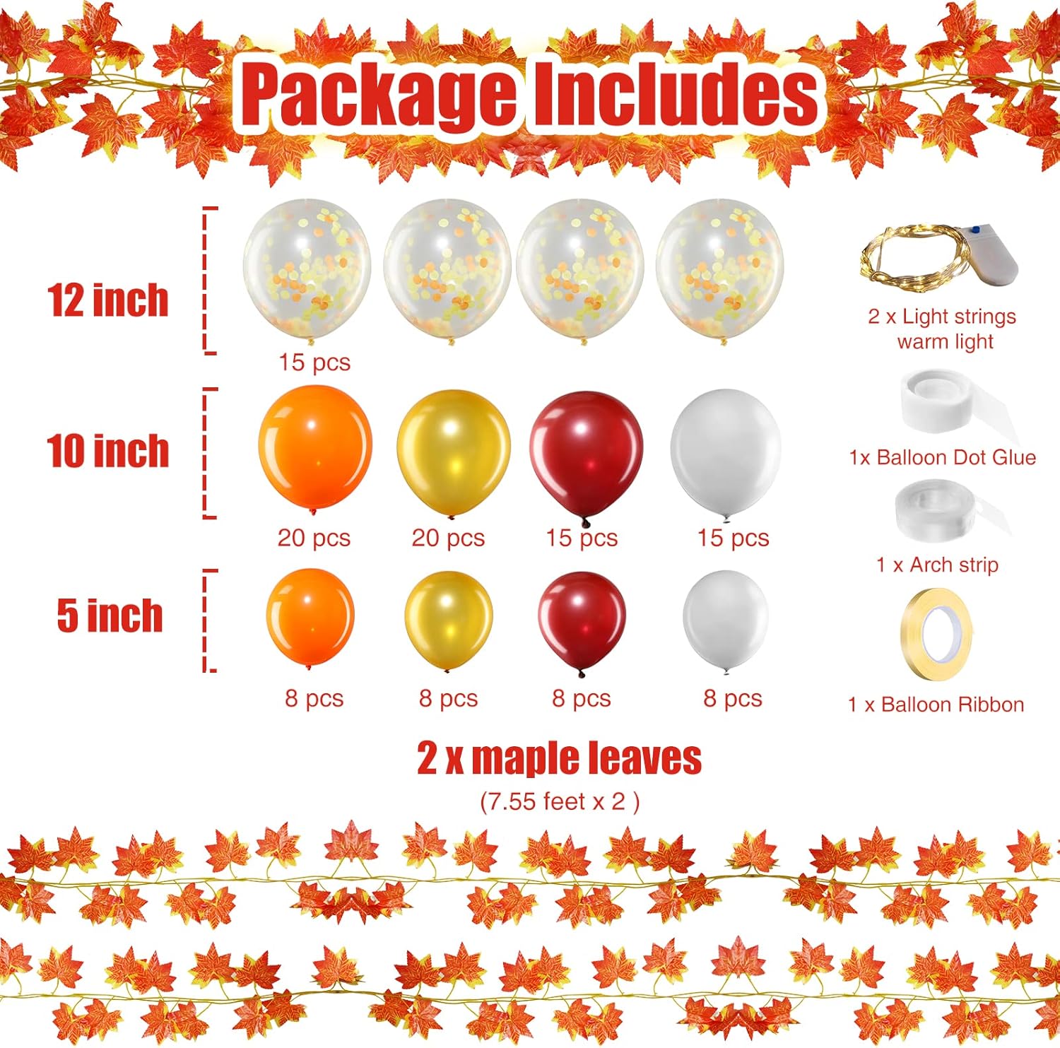 Kit de guirnalda de globos de agradecimiento con luces LED, hojas de arce, vid de otoño, naranja, granate, para Acción de Gracias, otoño, calabaza,
