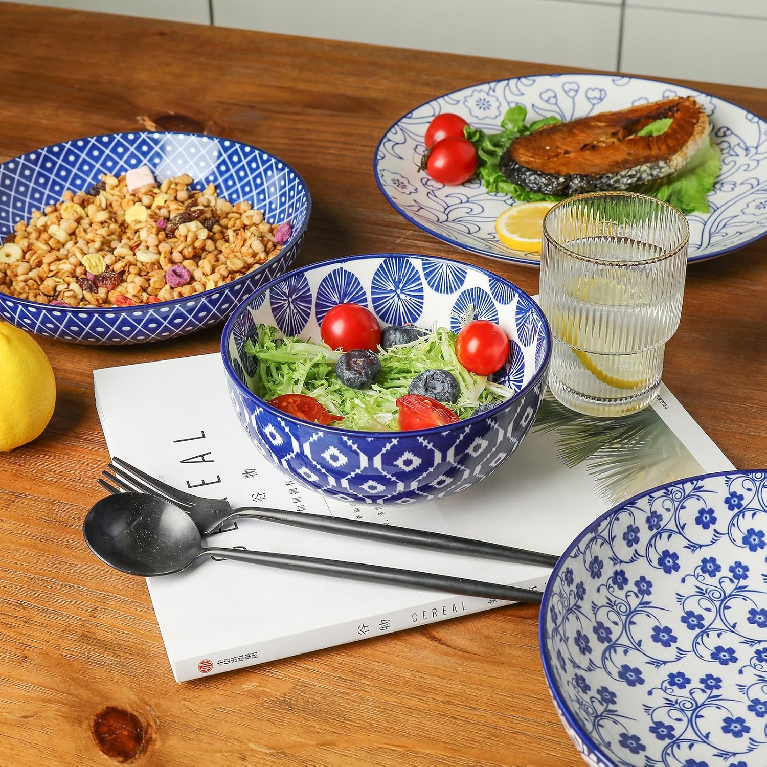 Selamica Juego de vajilla de cerámica de 16 piezas, juego de platos de cerámica para 4, juegos de platos de cocina y cuencos, juego de platos llanos