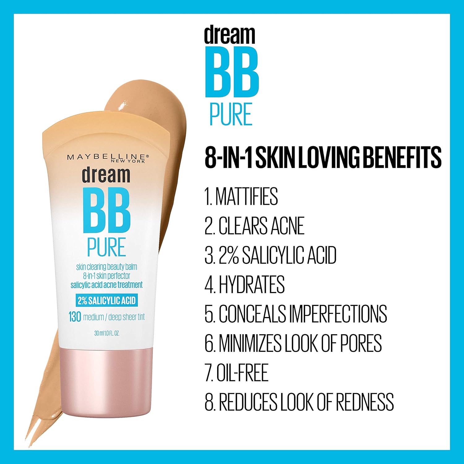 MAYBELLINE New York Dream Pure Skin Clearing BB Cream, bálsamo de belleza 8 en 1 perfeccionador de la piel con 2% de ácido salicílico, cobertura de