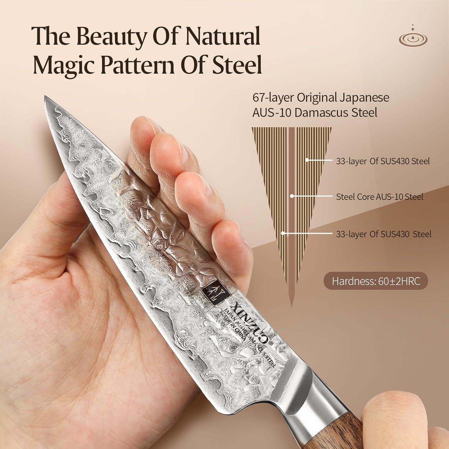 XINZUO AUS-10 Cuchillo utilitario japonés de acero de 5 pulgadas, cuchillo de pelar de acero de Damasco con superficie martillada, cuchillo de