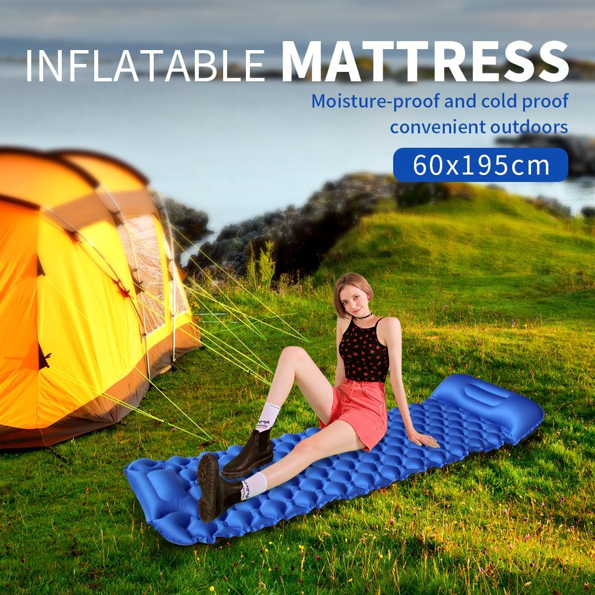 Baiao Colchoneta de dormir inflable para camping, colchoneta de dormir con almohada de 77 x 24 pulgadas, alfombrilla de dormir ultraligera con bomba