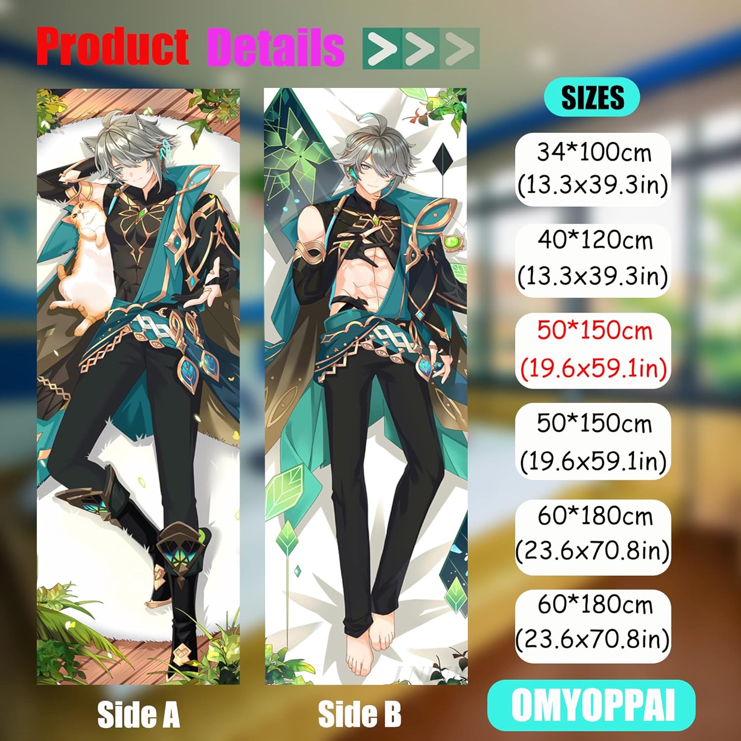 Anime Genshin Impact – Funda de almohada para abrazar el cuerpo, 19 x 59 pulgadas, funda de almohada decorativa con estampado de doble cara
