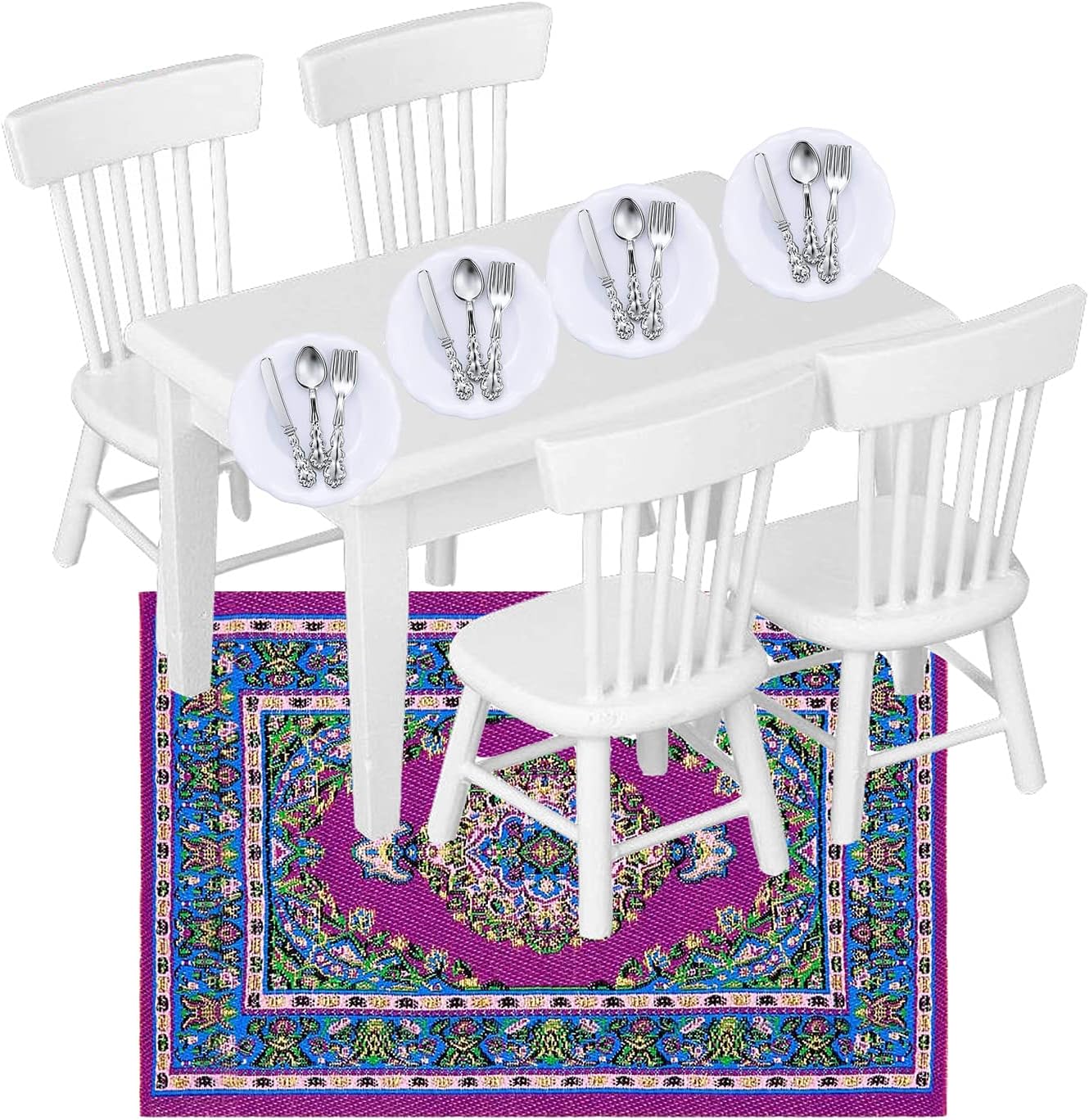G0lden&Mang0 Juego de 22 muebles de casa de muñecas, 112 decoración de casa de muñecas, 1 mesa de comedor de madera y 4 sillas, 1 alfombra de pavo