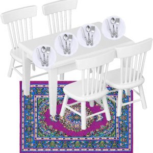 G0lden&Mang0 Juego de 22 muebles de casa de muñecas, 112 decoración de casa de muñecas, 1 mesa de comedor de madera y 4 sillas, 1 alfombra de pavo G0lden&Mang0 Juego de 22 muebles de casa de muñecas, 112 decoración de casa de muñecas, 1 mesa de comedor de madera y 4 sillas, 1 alfombra de pavo