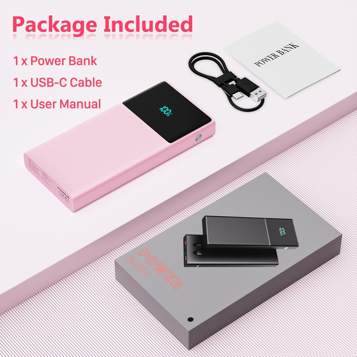 Cargador portátil con 2 cables integrados (USB-C e iOS), cargador de teléfono duradero de carga rápida PD de 13000 mAh con pantalla LED, cargador de