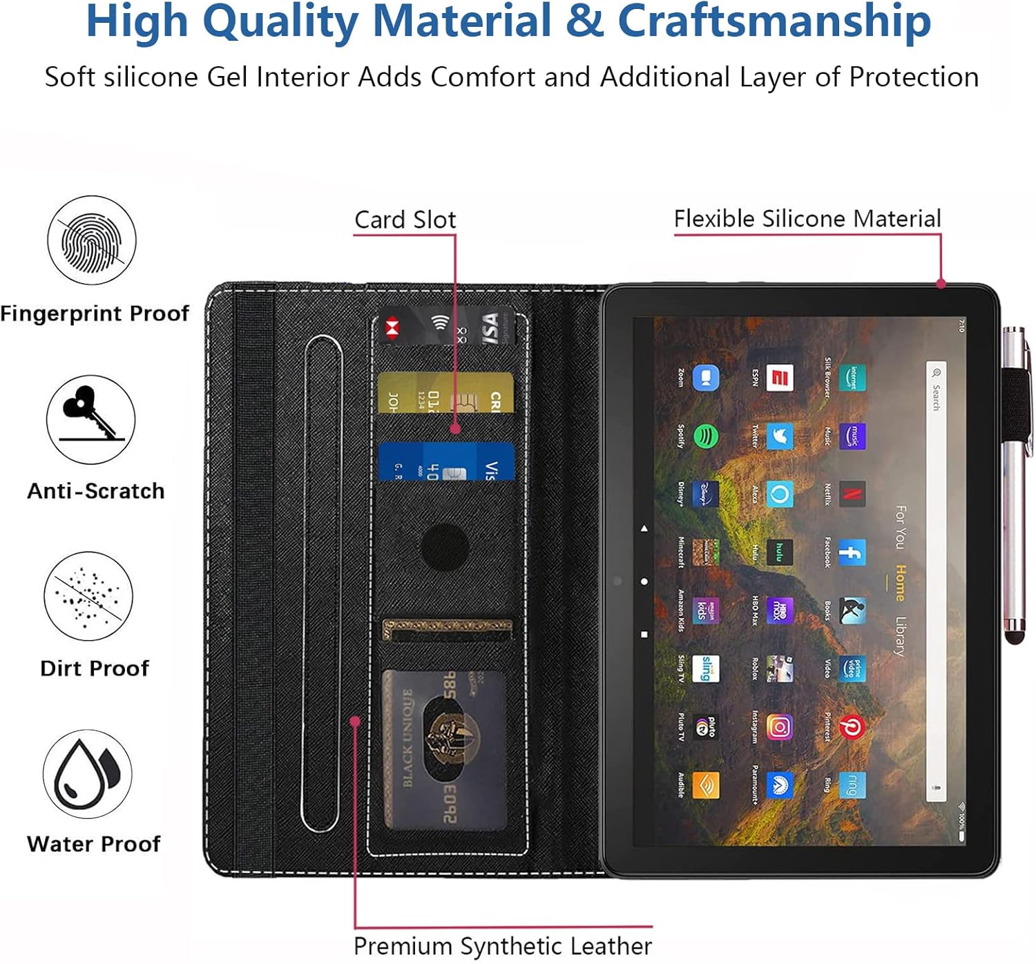 Funda para tableta Tienda Fire HD 10Fire HD 10 Plus (11 generación, versión 2021), funda delgada de piel sintética con ranura para tarjeta y soporte