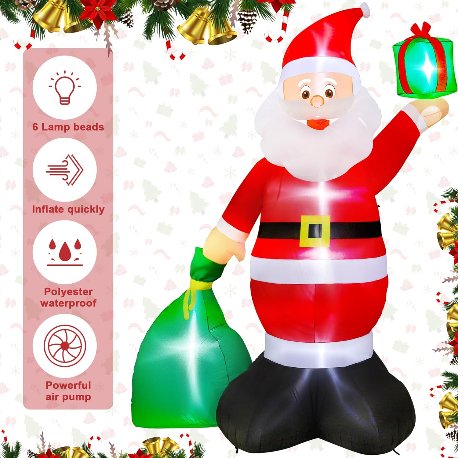 Inflables de Navidad de 14 pies, Papá Noel inflable gigante con bolsa de regalo, Papá Noel de Navidad inflable con 6 luces LED, decoraciones